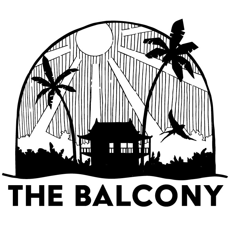 Black and white logo depicting a traditional Khmer house nestled between two coconut palms, with banana palms in the foreground and a wavy line below symbolising a river. A sun with large rays shines behind the house and a swallow bird flies upwards